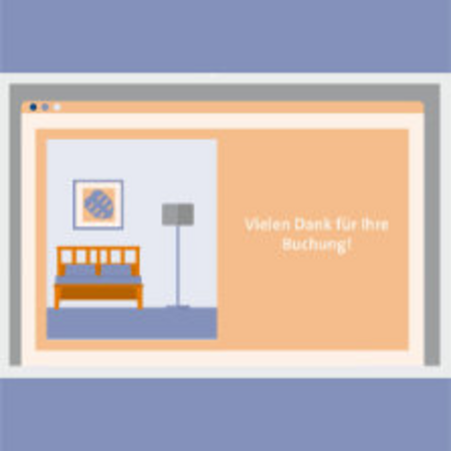 Grafik eines Laptops auf welchem ein Hotelzimmer gebucht wurde, mit der Aufschrift "Vielen Dank für Ihre Buchung"
