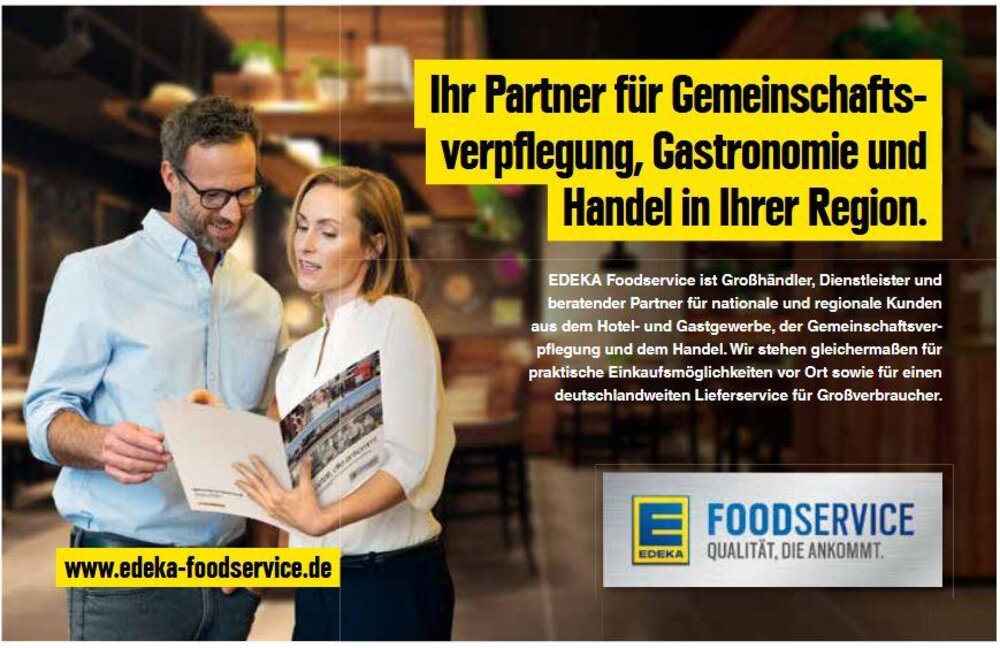 Werbe-Anzeige von EDEKA Foodservice mit der Aufschrift "Ihr Partner für Gemeinschaftsverpflegung, Gastronomie und Handel in Ihrer Region."