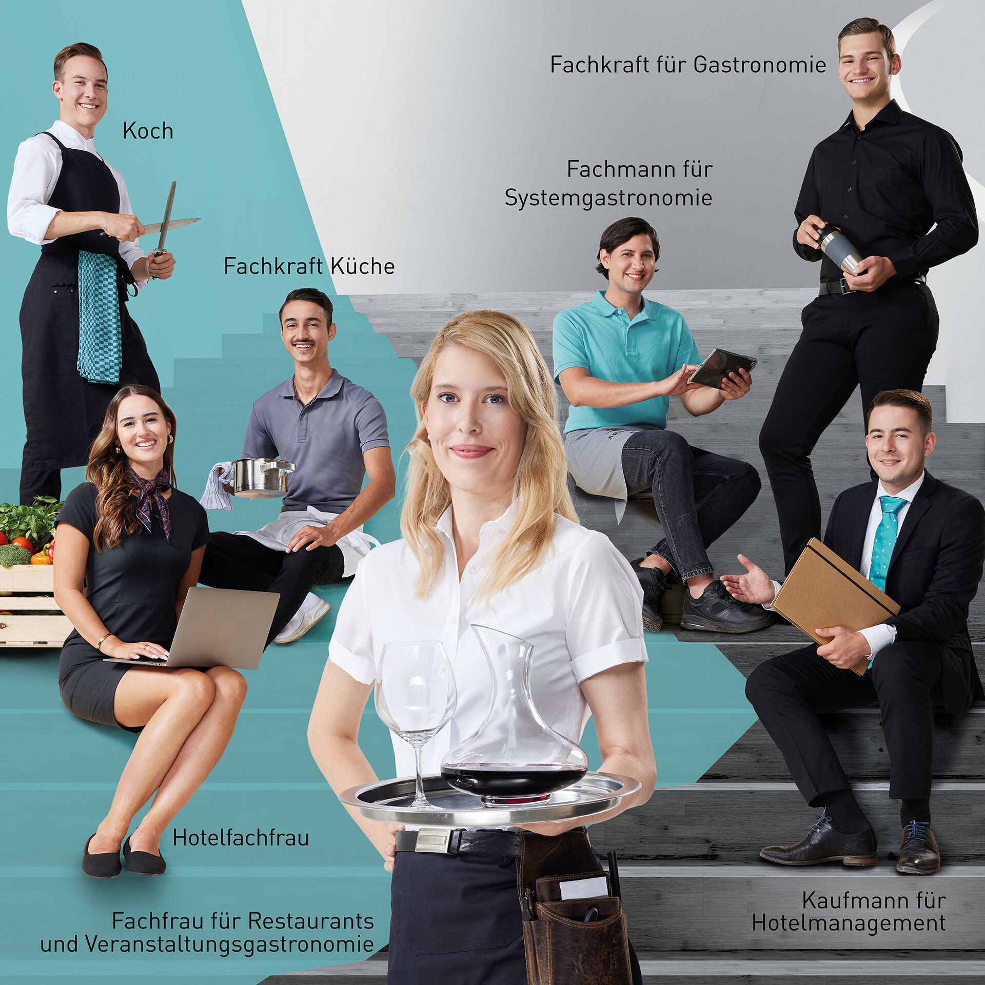 Abbildung von sieben Personen in Arbeitskleidung, die die verschiedenen Ausbildungsberufe im Gastgewerbe repräsentieren sollen 