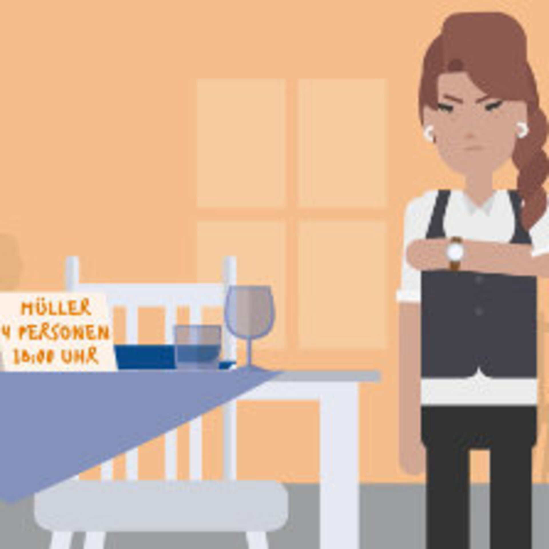 Grafik einer Kellnerin, die neben einem reservierten Tisch im Restaurant auf die Uhr schaut 