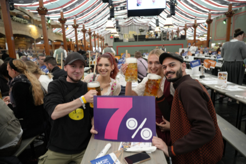 Abbildung von zwei jungen Frauen und zwei jungen Männern beim DEHOGA-Frühlingsfest mit einem 7-Prozent-Plakat