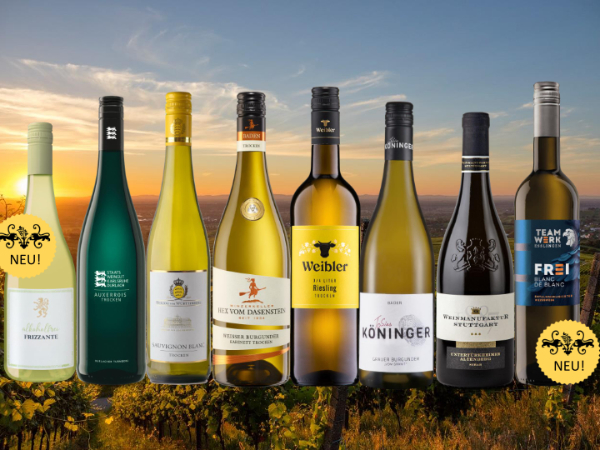 Acht gefüllte Flaschen, darunter Wein mit und ohne Alkohol, vor einem Hintergrund mit Sonnenuntergang.